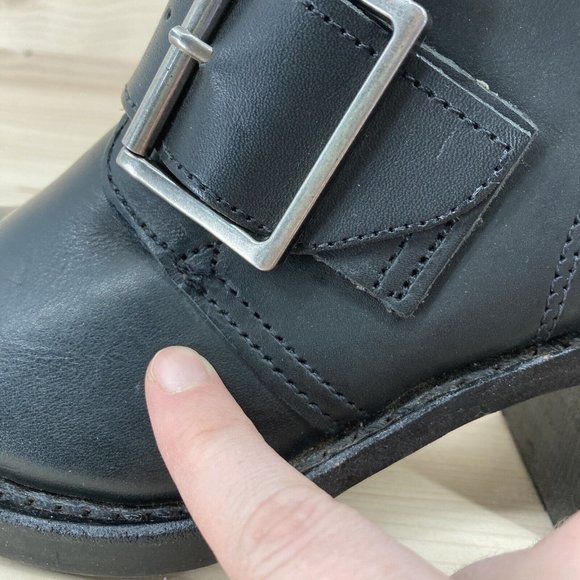 Frye Sabrina Double Buckle Black Leather Zipper Stacked Heels Mid Calf Boot 6M - Picture 13 of 16